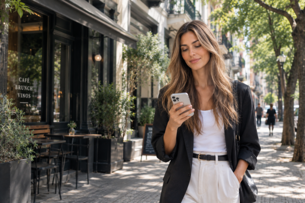 Mujer caminando por una calle de Buenos Aires mientras mira su celular, frente a un café