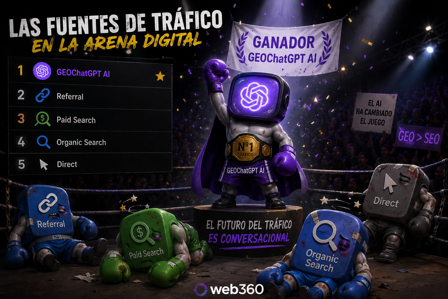 Las fuentes de tráfico en la arena digital — Web360 Las fuentes de tráfico en la arena digital — GEO ChatGPT AI gana en tasa de interacción